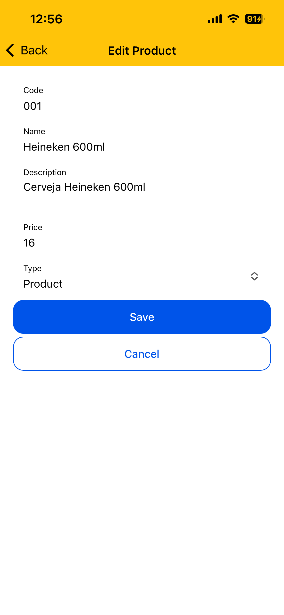 Versão anterior do formulário para editar um produto no app do Bar