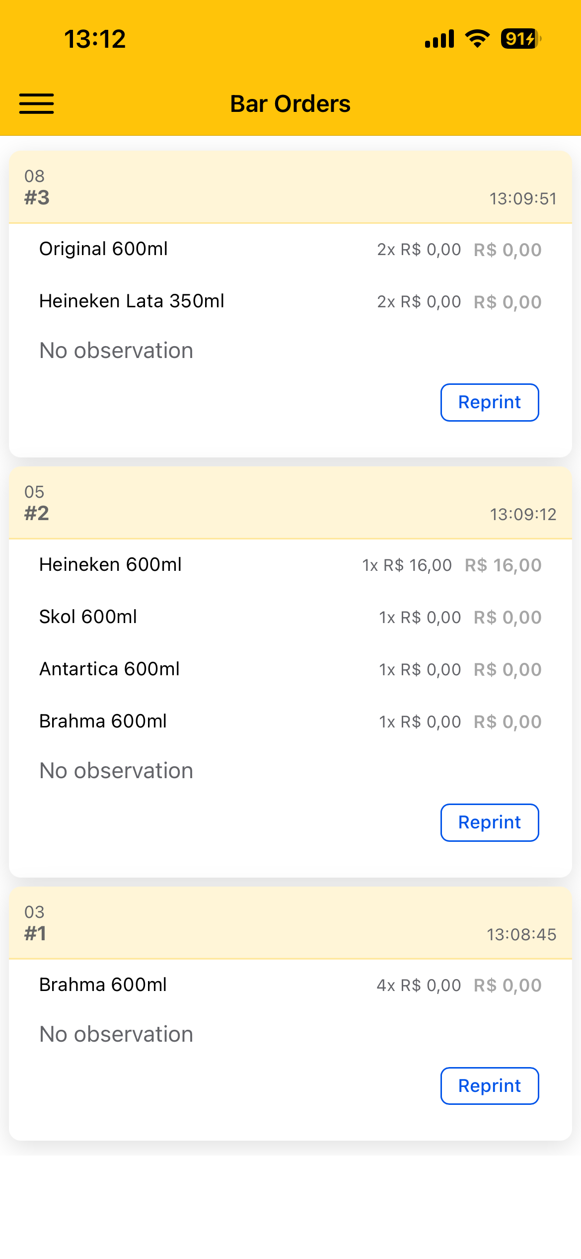 Tela operacional com pedidos do Tap4Beer